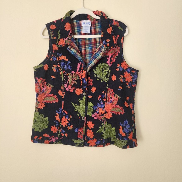 Blair Jackets & Blazers - Blair Womens Quilted Floral Paisley Vest Black Multi Color Plaid Lined Large